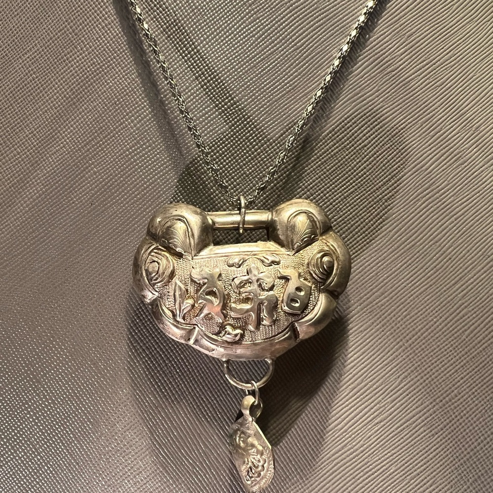 Unique Vintage Silver Ornate Necklace with Asian Characters